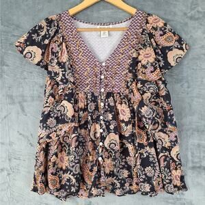 Womens Top Medium Boho Peasant Hippie Sequins‎ Floral Paisley Cottagecore Casual